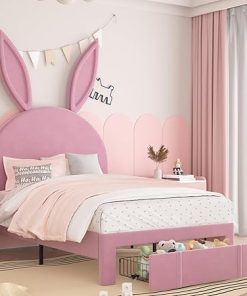 VECELO Twin Upholstered Bed Frame with Storage Drawer in Pink