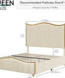 YITAHOME Beige Queen Size Velvet Bed Frame with Gold Trim and Headboard 2