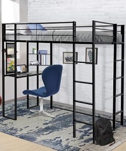 Twin Loft Bed with Desk and Shelves for Teens Adult,Loft Bed Frame with 2 Built-in Ladders,12.2″ H Safety Guardrail,Noise Free,No Box Spring Needed,72.01” H x 57.09” W x 79.53” L