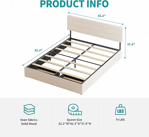 Queen Size Upholstered Bed Frame with Storage Drawers in Beige 2 Queen Size Upholstered Bed Frame with Storage Drawers in Beige - Image 2