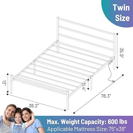 Twin Bed Frame with Headboard Heavy Duty Frame with USB Charging Station 2 Twin Bed Frame with Headboard Heavy Duty Frame with USB Charging Station - Image 2