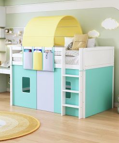 Merax Twin Loft Bed with Tent Tower Storage for Teens and Kids 2