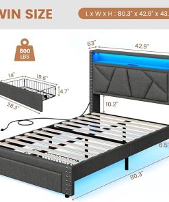Twin Bed Frame with Shelf Headboard and Storage Drawers in Grey 2