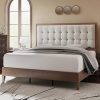 Queen Size Upholstered Wood Platform Bed Frame Solid Walnut Finish
