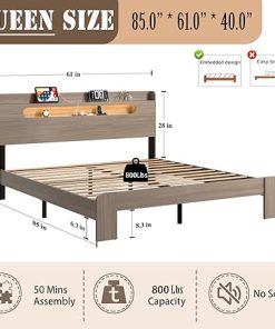 Wooden Queen Bed Frame with Storage Headboard Easy Assembly Light Brown 2