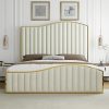Upholstered King Bed Frame with Lights and Storage Shelves in White 3