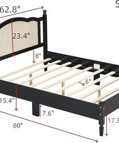 Queen Size Platform Bed with Rattan Headboard Vintage Wood Frame 2