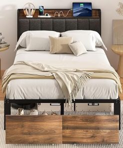 Grey Full Bed Frame with Storage Drawers and Charging Station Grey Full Bed Frame with Storage Drawers and Charging Station