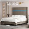 EcoHarbor 57” Tall Bed Frame King Size with LED Light, High Velvet Upholstered Wingback Headboard with Vertical Channel Tufted Luxury Corduroy/Solid Wood Leg/No Box Spring Needed/Noise Free/Taupe