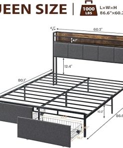 Queen Bed Frame with Storage Headboard and Charging Station, Brown 2