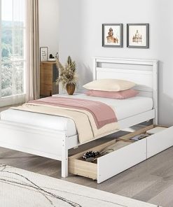 DORTALA Twin Bed Frame with Storage Drawers and Wooden Slats Support