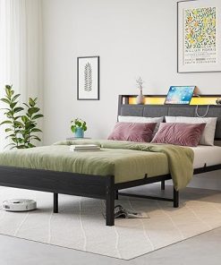 Full Bed Frame with Charging Station and LED Lights Heavy Duty Design