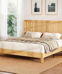 Mid-Century Solid Wood Bed Frame with Grilled Headboard in Oak