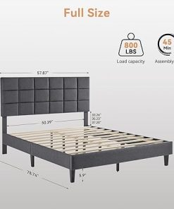 Full Size Platform Bed Frame with Upholstered Headboard Grey 2