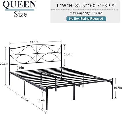 VECELO Queen Metal Bed Frame with Headboard and Steel Slats Support 2 VECELO Queen Metal Bed Frame with Headboard and Steel Slats Support - Image 2
