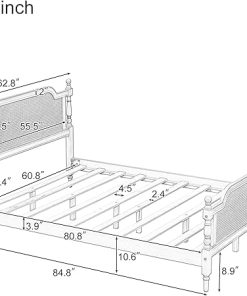 Rattan Queen Bed Frame Solid Wood Platform Bed Vintage Headboard 2