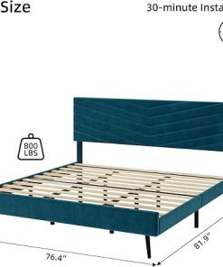 GAOMON King Size Blue Velvet Upholstered Platform Bed Frame 2