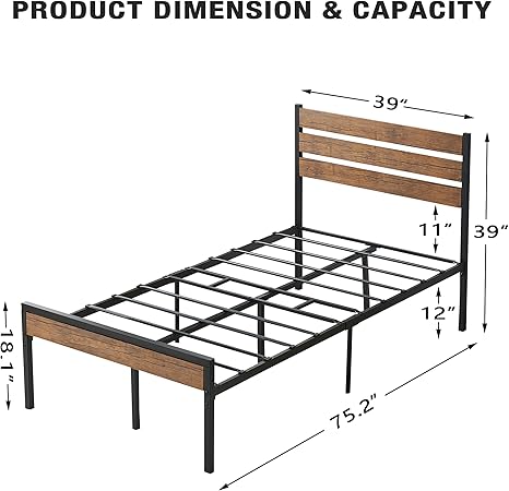 Twin Size Bed Frame Rustic Wood Headboard Metal Slats Easy Assembly 2 Twin Size Bed Frame Rustic Wood Headboard Metal Slats Easy Assembly - Image 2