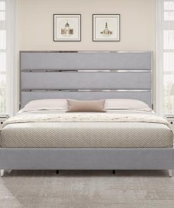 King Size Velvet Upholstered Bed Frame with 59″ Tall Headboard