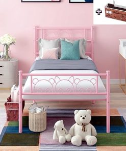 Cute Pink Twin Bed Frame with Storage Caddy for Teen Girls and Adults 2
