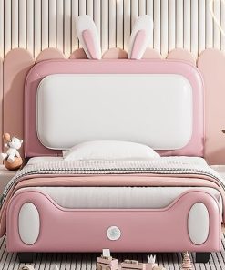 Twin Size PU Leather Bed Frame for Girls with Rabbit Headboard