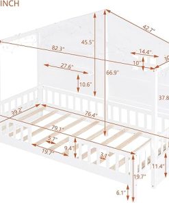 Twin Size House Bed Frame with Fence Shelves Window and Light Strip 2