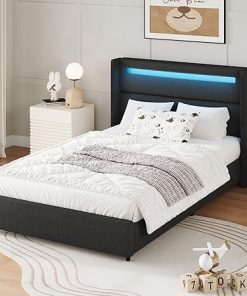 HOMBCK Twin Bed Frame with LED Lights Modern Upholstered Grey Bed 2