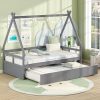 Giantex Twin House Bed with Trundle, Montessori Wood Tent Frame Grey