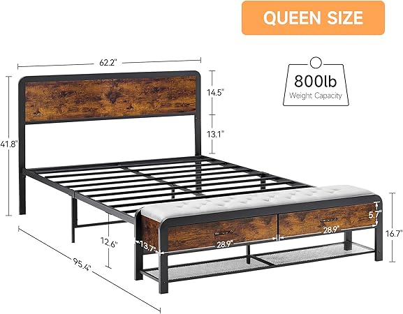 Queen Bed Frame with Ottoman Storage, Platform Bed Frame with Storage Drawers and Headboard, Safe Rounded Corners, Strong Metal Support – No Box Spring Needed, Rustic Brown 2 Queen Bed Frame with Ottoman Storage, Platform Bed Frame with Storage Drawers and Headboard, Safe Rounded Corners, Strong Metal Support – No Box Spring Needed, Rustic Brown - Image 2