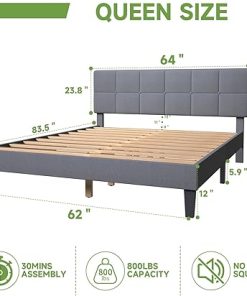 Upholstered Queen Size Bed Frame with Headboard and Wood Slats Grey 2