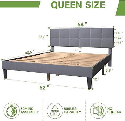 Upholstered Queen Size Bed Frame with Headboard and Wood Slats Grey 2 Upholstered Queen Size Bed Frame with Headboard and Wood Slats Grey - Image 2