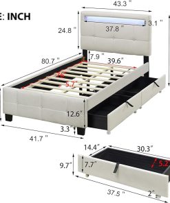 Twin Bed Frame with 4 Storage Drawers and Led Headboard Beige 2