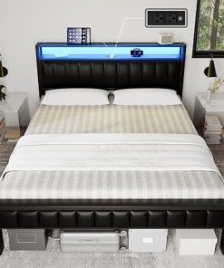 Queen Size LED Platform Bed Frame with Charging Station and Storage