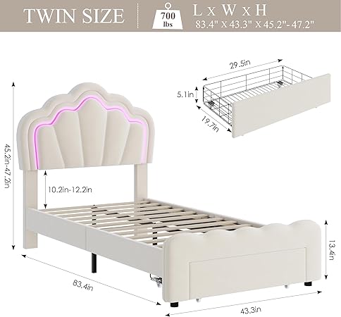 Twin Upholstered LED Bed Frame with Storage Drawer for Girls 2 Twin Upholstered LED Bed Frame with Storage Drawer for Girls - Image 2