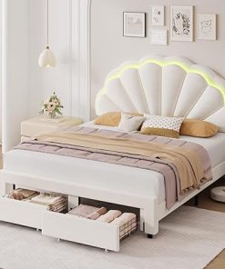 HIFIT Full Size Upholstered LED Bed Frame with Storage Drawers Beige