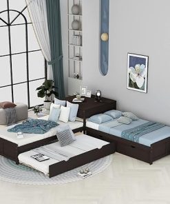 L Shaped Twin Bed Frame with Trundle and Desk for Kids and Teens 2