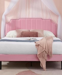 VECELO Full Size Upholstered Bed Frame with Tufted Headboard Pink