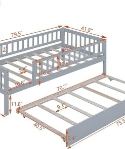 Wooden Twin Daybed Frame with Trundle and Guardrails for Kids Adults 2