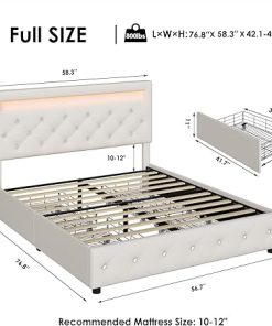 Velvet Upholstered LED Bed Frame with Storage Drawers in Beige 2
