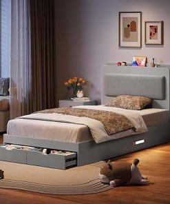 Twin Bed Frame with Storage Headboard and Drawers in Light Grey 2