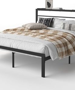 Modern Queen Size Minimalist Bed Frame with Storage Shelf Black