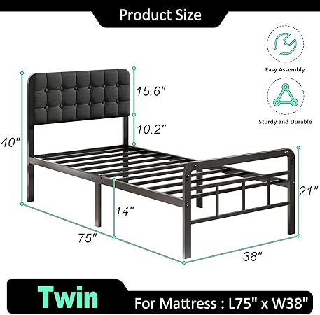 Twin Bed Frame with Upholstered Headboard Metal Footboard Easy Assembly 2 Twin Bed Frame with Upholstered Headboard Metal Footboard Easy Assembly - Image 2