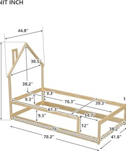 Twin Size Montessori Wood Floor Bed Frame with House Headboard Natural 2