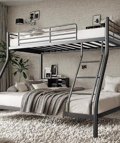 Sturdy Metal Bunk Bed Twin Over Full Size with Ladder and Guardrail