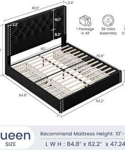 Queen Size Velvet Platform Bed Frame with Storage and Headboard Black 2