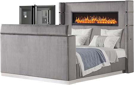 Gray King Bed Frame with Fireplace and TV Stand – Upholstered Sleigh Bed Gray King Bed Frame with Fireplace and TV Stand - Upholstered Sleigh Bed