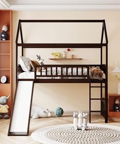 Twin Size Wood Loft Bed with Slide and Safety Guardrails for Kids