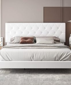 Modern Upholstered Queen Bed Frame with Tufted Headboard in White