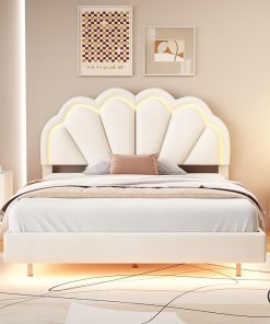 Merax Modern Upholstered Platform Bed Frame Wingback Headboard Beige