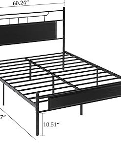 VECELO Queen Platform Bed Frame with Wood Headboard and Steel Slats 2